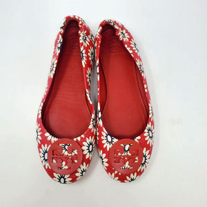 Tory Burch Minnie Travel Floral Print Ballerina Flats Leather Red Size 7.5M